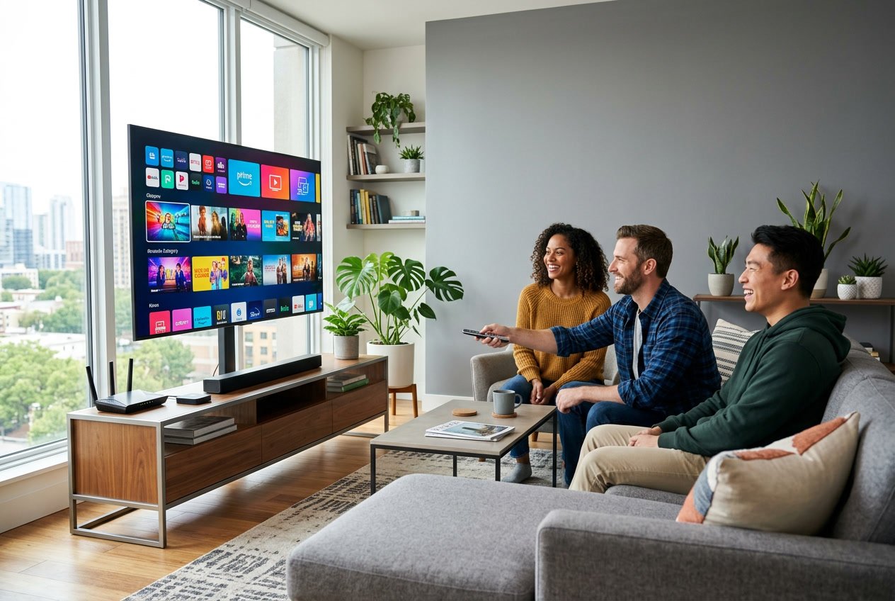 Three adults sitting on a sofa watching a large smart TV displaying streaming service icons in a bright modern living room.