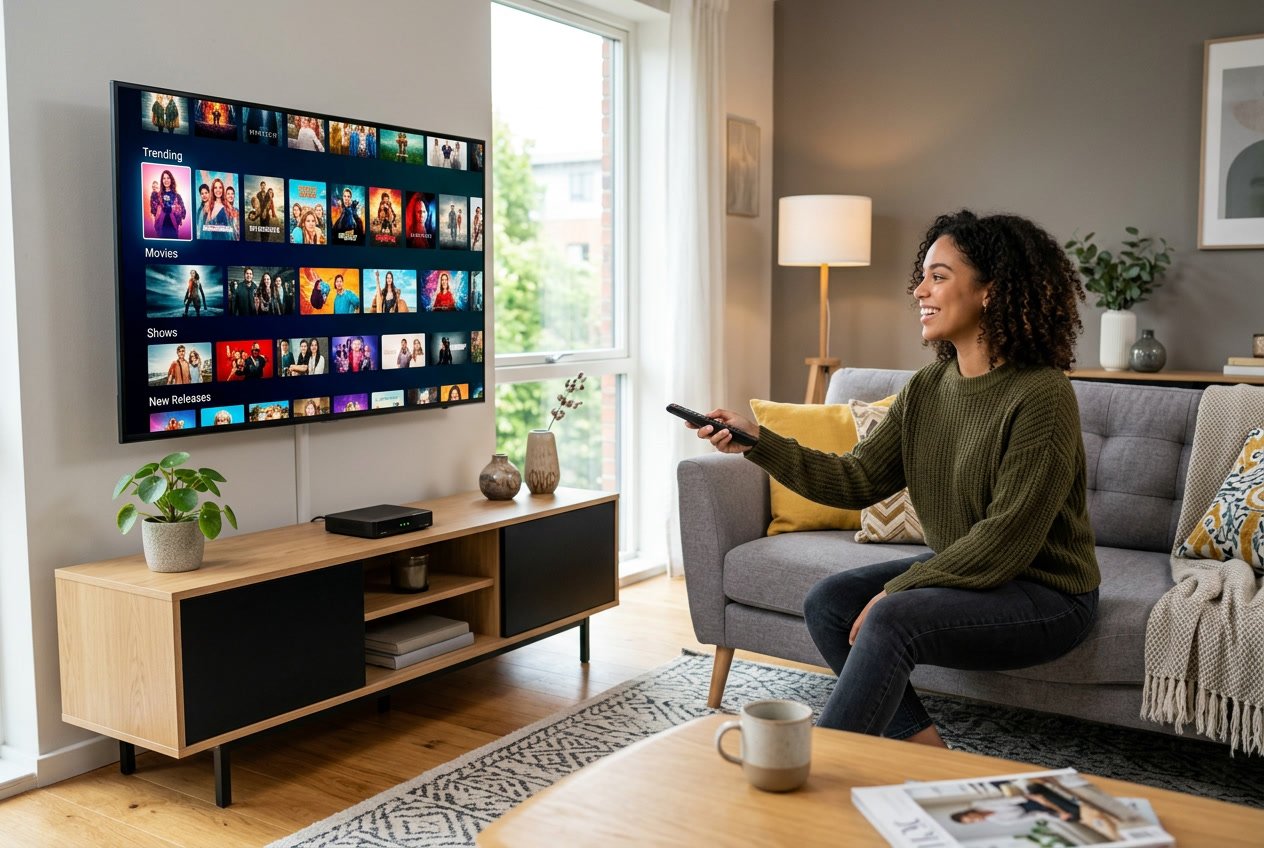 A person holding a remote control in a modern living room with a large TV showing a colorful streaming interface.