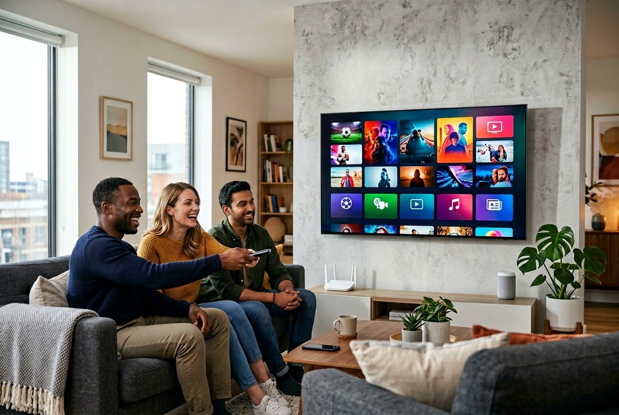 Three adults sitting on a sofa in a modern living room watching a flat-screen TV showing a colorful streaming interface.