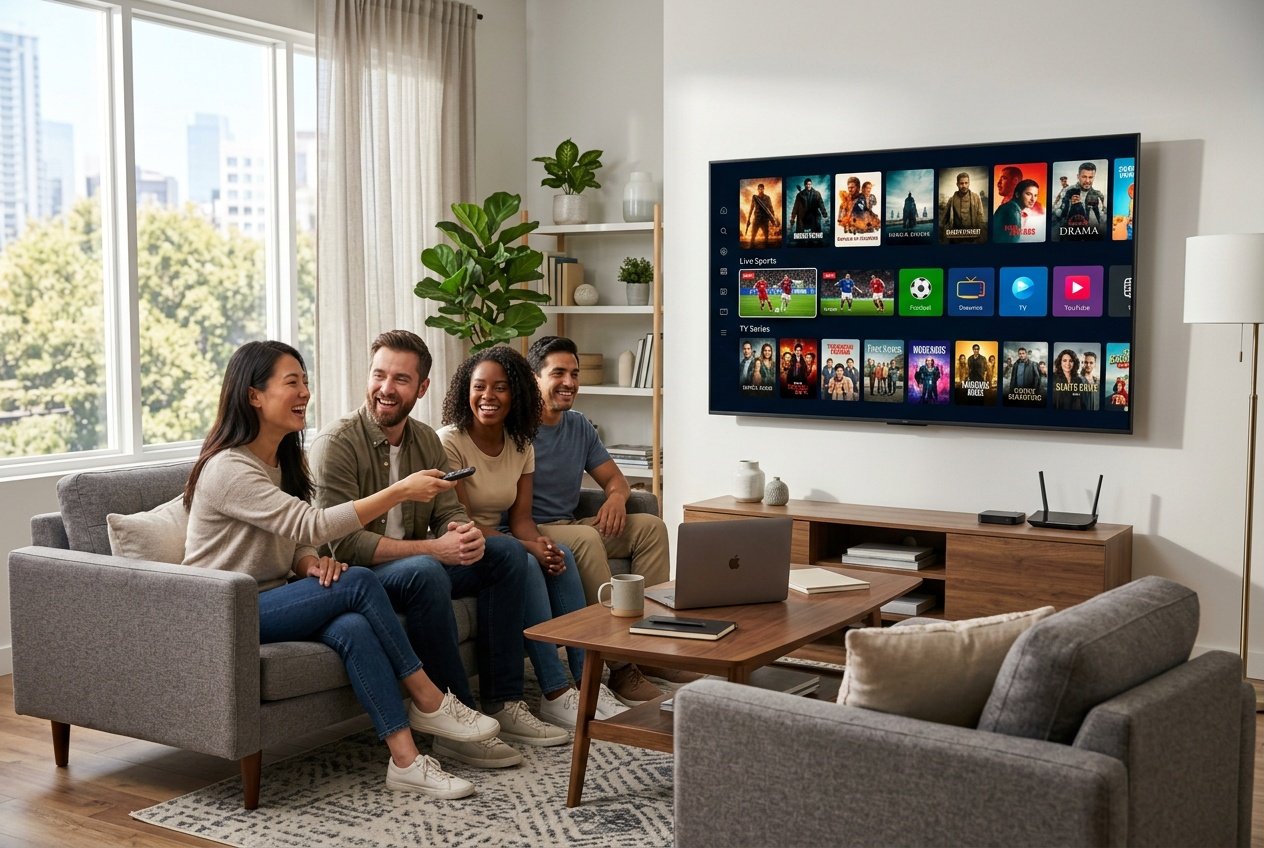 A living room with a large smart TV showing a streaming interface, and two people sitting on a sofa watching content together.