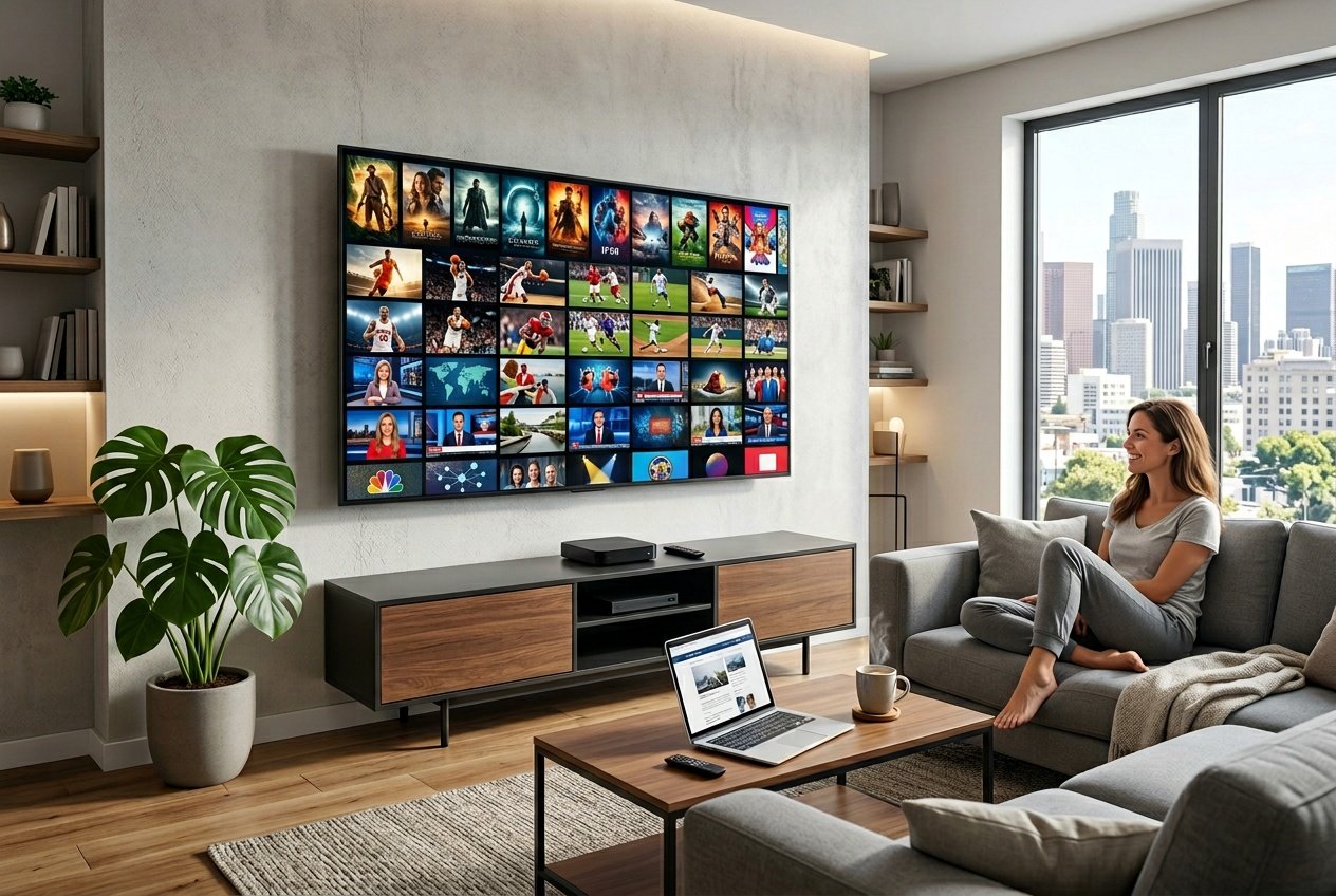 A modern living room with a large flat-screen TV showing streaming content thumbnails, a media console with a streaming device, and a city skyline visible through the windows.