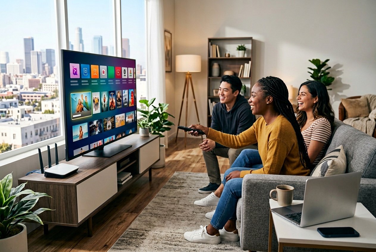 A group of people watching a smart TV with streaming content in a living room with a view of an American city outside.