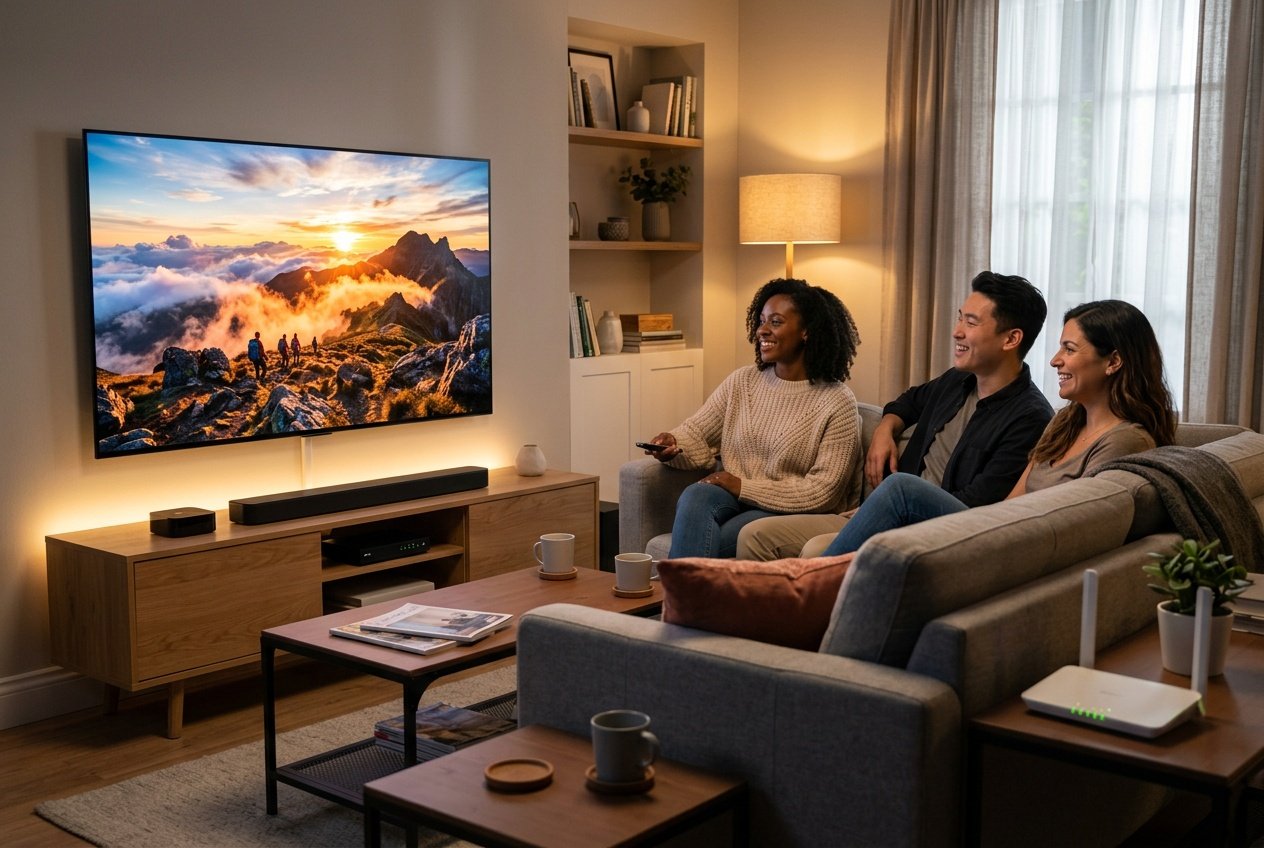 Three adults sitting on a sofa watching a large TV in a modern living room with streaming devices and a Wi-Fi router nearby.