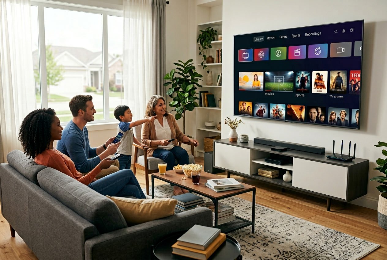 A group of people watching a large smart TV in a modern living room with streaming content displayed on the screen.