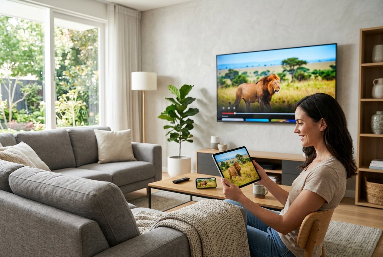 A living room with a smart TV, a person holding a tablet, and a smartphone on a table, all showing the same streaming content.
