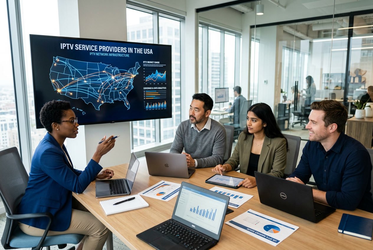A group of business professionals discussing IPTV service options around a conference table with a digital map of the USA displayed on a screen.