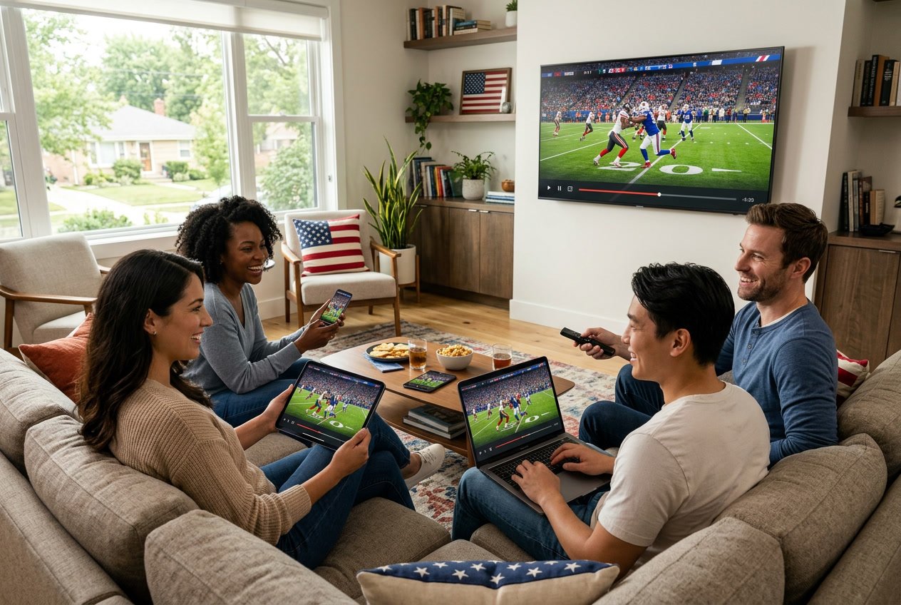 People using multiple digital devices like a smart TV, tablet, smartphone, and laptop in a living room setting, enjoying streaming content together.