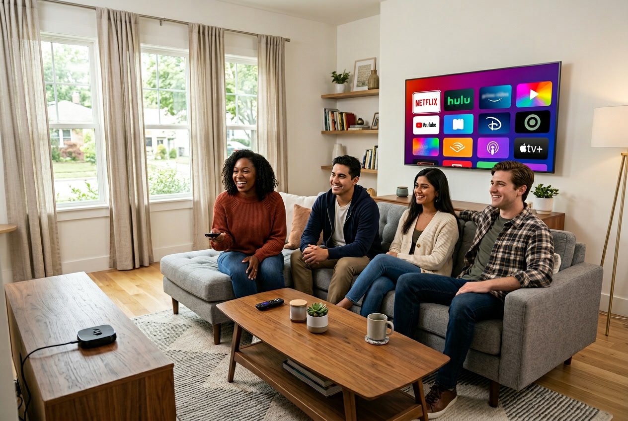 Best USA IPTV: Top Providers, Features & Smart Buying Guide 2026 1 A group of people watching a smart TV in a modern living room with streaming devices on a coffee table.