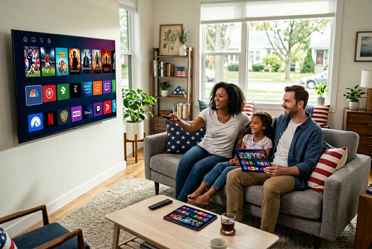 Best USA IPTV: Top Providers, Features & Smart Buying Guide 2026 2 A family watching a large smart TV in a modern living room, using remote controls and tablets to stream content.