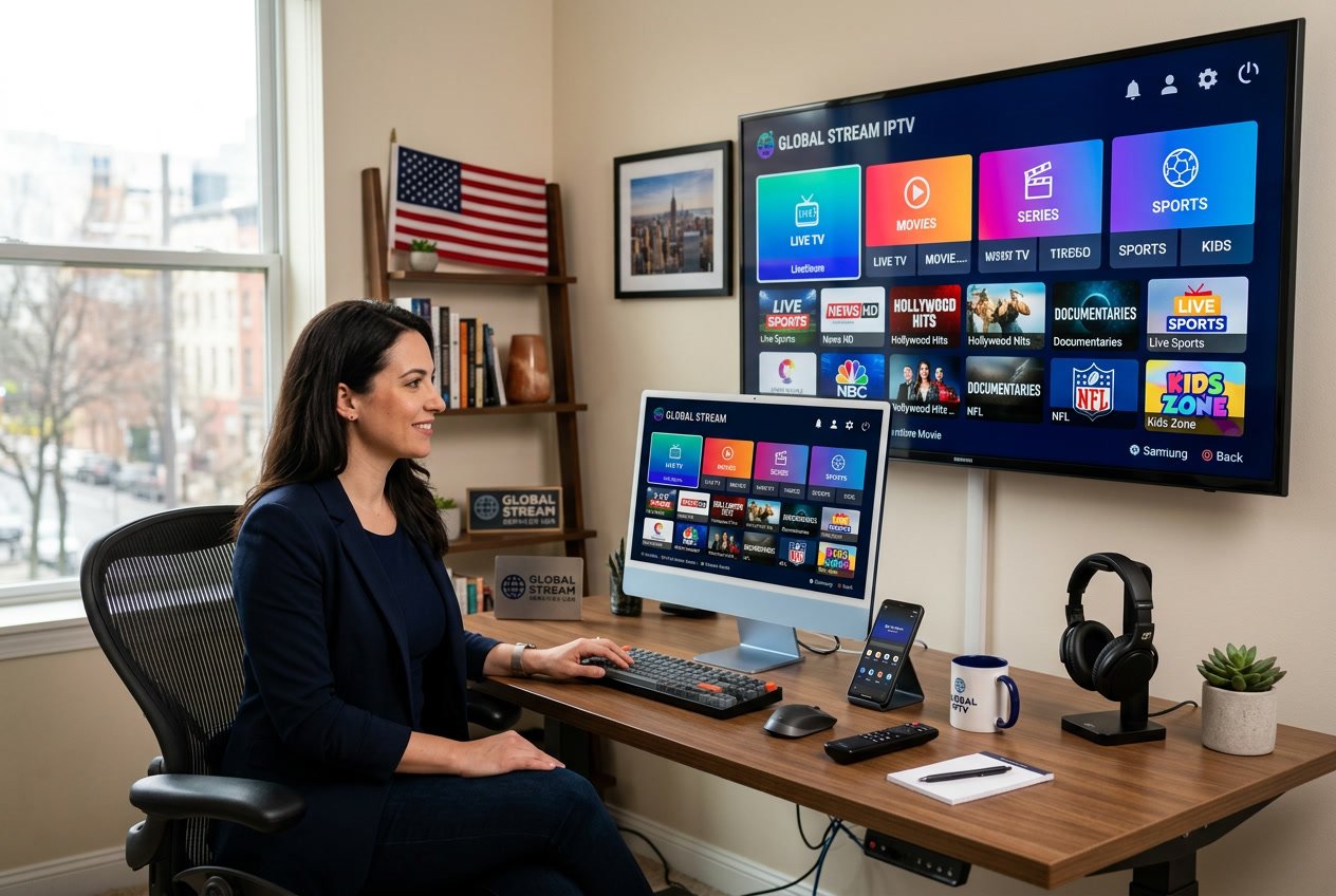 Best USA IPTV: Top Providers, Features & Smart Buying Guide 2026 3 A modern workspace with a desktop computer and large TV showing streaming options, with subtle American decor elements.