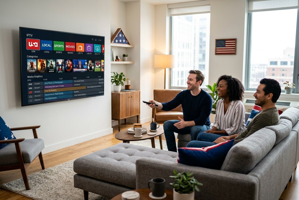 Best USA IPTV: Top Providers, Features & Smart Buying Guide 2026 4 Three adults sitting on a sofa in a modern living room watching a large smart TV displaying a colorful streaming interface.