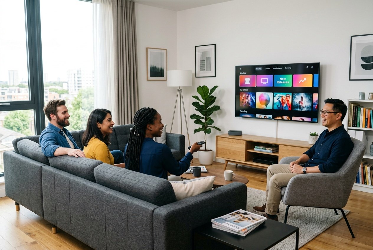A group of people watching a large flat-screen TV in a modern living room with natural light and contemporary decor.