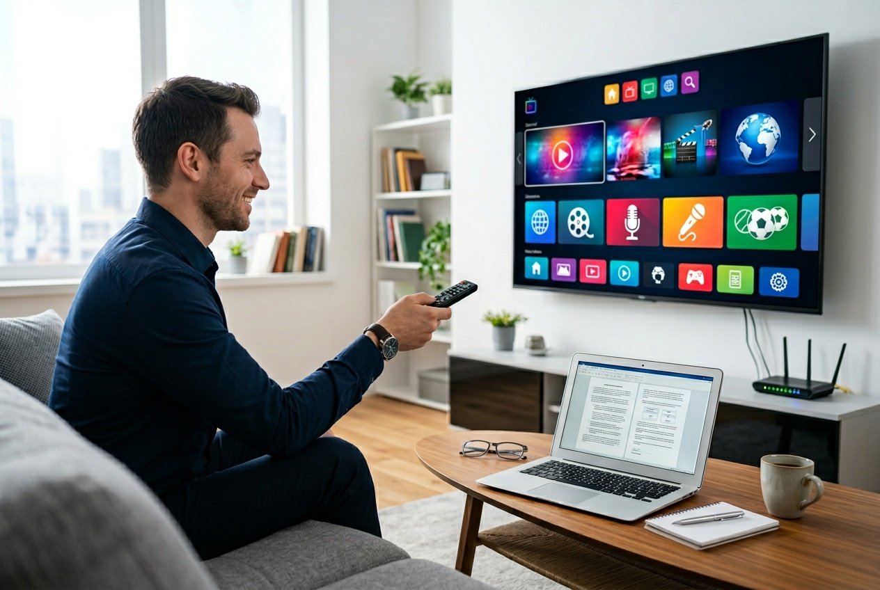 A person in a modern living room using a remote control to navigate a smart TV streaming interface, with a laptop showing legal documents related to IPTV on a nearby table.