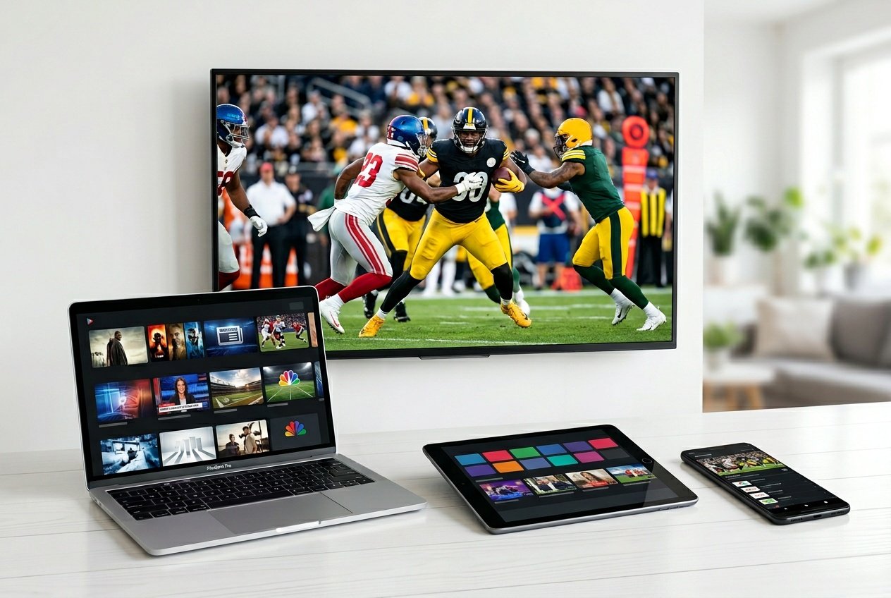 Best USA IPTV: Top Providers, Features & Smart Buying Guide 2026 5 A variety of digital devices including a smart TV, tablet, smartphone, and laptop displaying streaming content arranged together on a white surface.