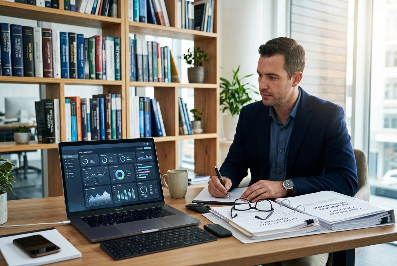 A workspace with a laptop, legal documents, and books on a desk in a well-lit office.