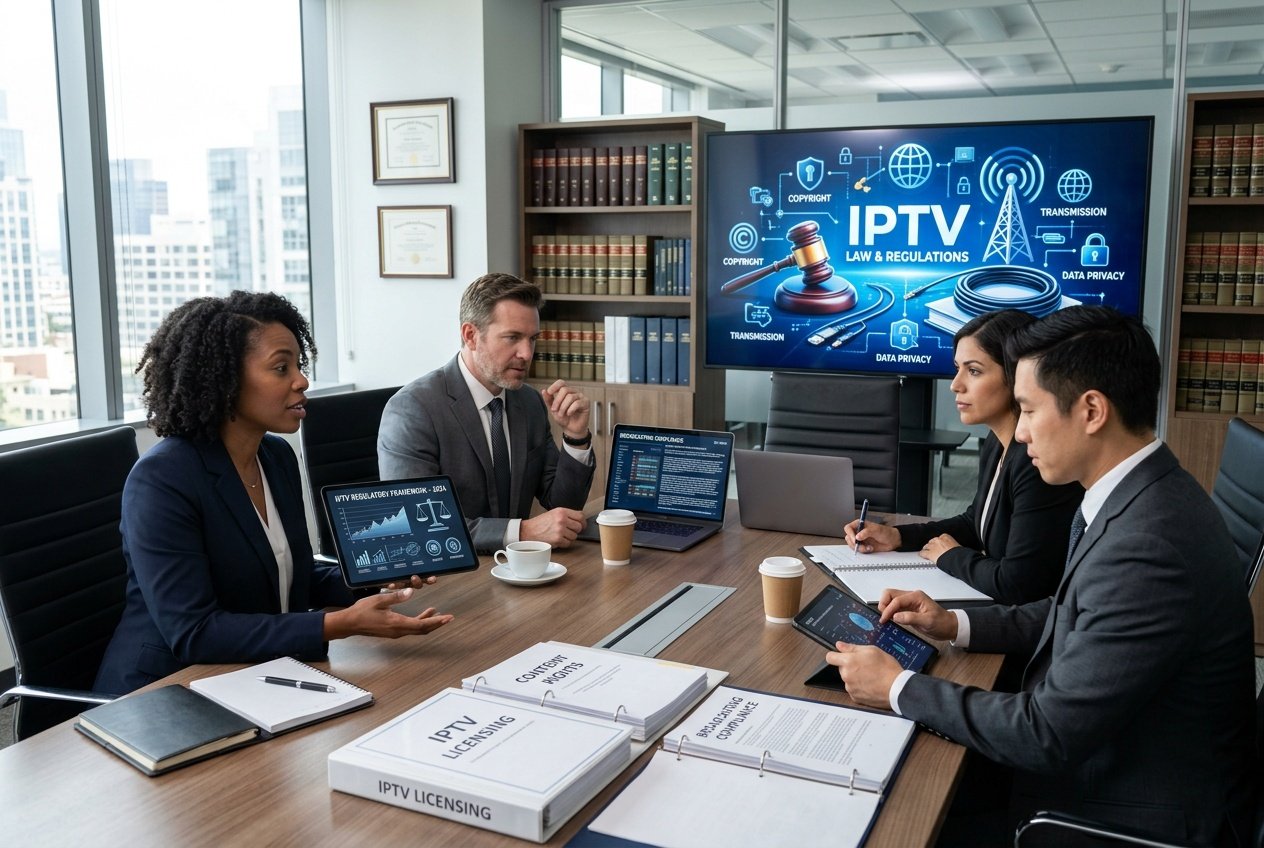 A group of business and legal professionals discussing documents and digital data in a modern office setting.