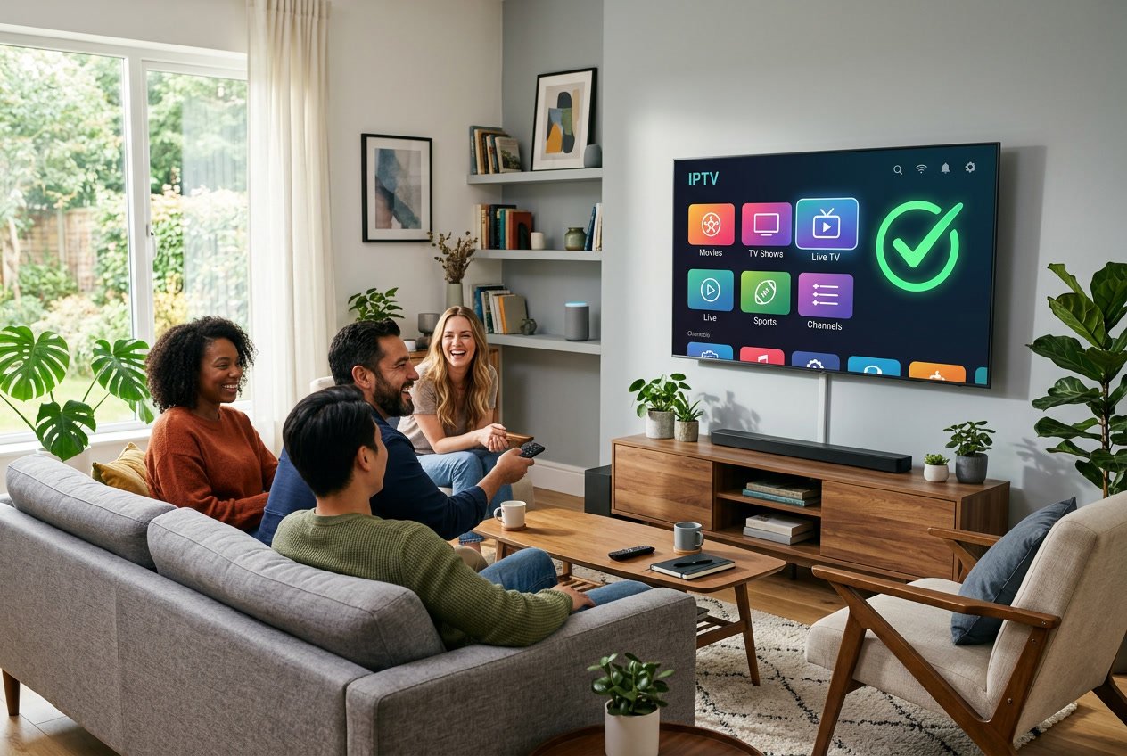 People sitting in a modern living room watching a large TV displaying streaming service icons with a checkmark symbol.