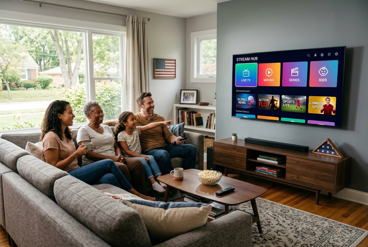 A family watching a large smart TV in a modern American living room with a streaming interface on the screen.
