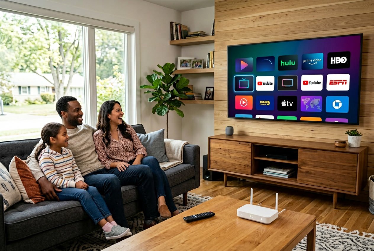 A family watching a smart TV in a modern living room with a streaming interface on the screen.