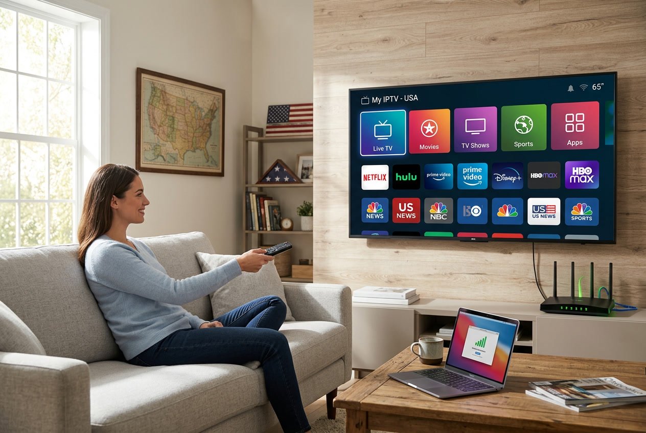 A person sitting on a sofa controlling a large TV screen showing streaming content icons in a modern living room with a laptop and internet router nearby.