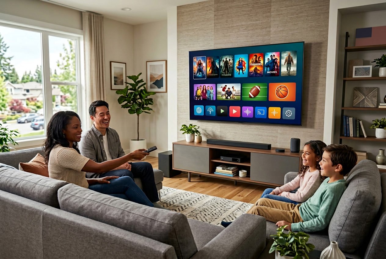 A family enjoying streaming content on a large smart TV in a modern living room with American-themed decor.