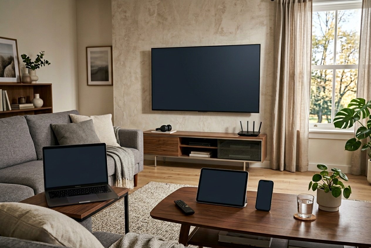 A living room with a smart TV, tablet, smartphone, and laptop all displaying IPTV apps, highlighting device compatibility.