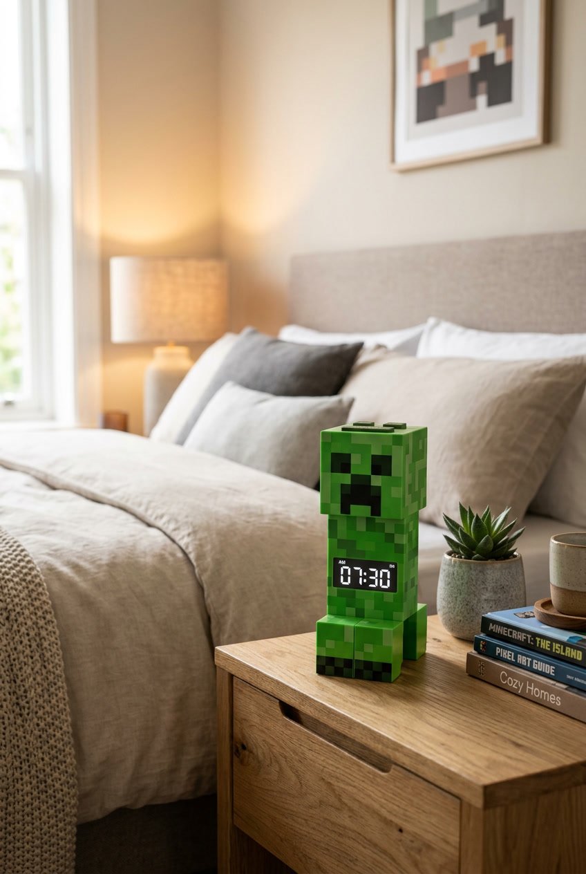 A Minecraft Creeper-shaped alarm clock on a bedside table with a plant, books, and a bed in the background.