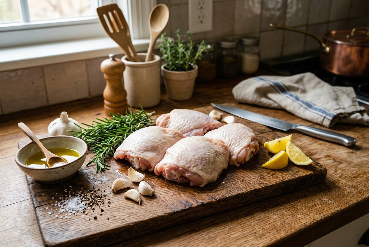 Raw chicken thighs on a wooden cutting board surrounded by fresh herbs, garlic, lemon wedges, and kitchen utensils.