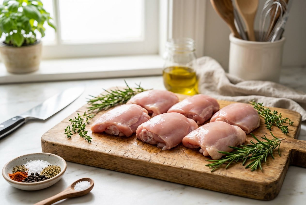 Raw boneless chicken thighs on a wooden cutting board with fresh herbs in a kitchen.