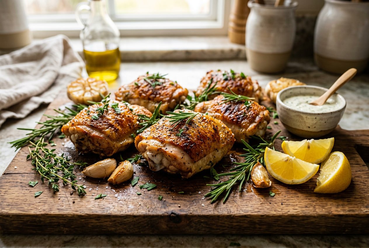 Close-up of cooked chicken thighs on a wooden cutting board with herbs, garlic, and lemon wedges in a kitchen setting.