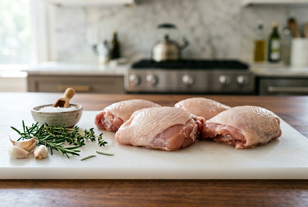 Close-up of raw boneless chicken thighs on a cutting board with fresh herbs and garlic cloves nearby.