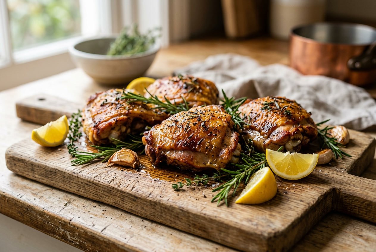 Close-up of cooked chicken thighs on a wooden cutting board with herbs, garlic, and lemon wedges.
