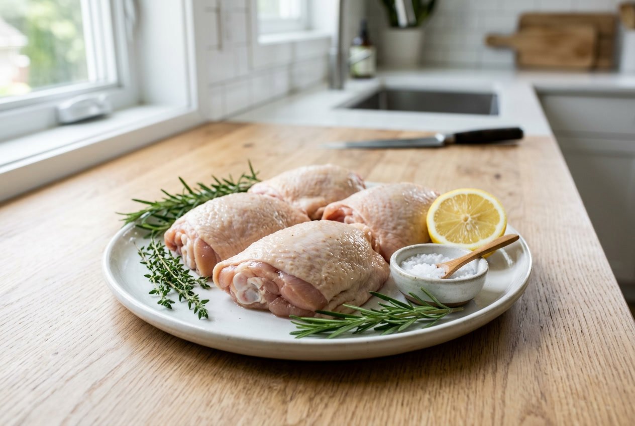 Close-up of raw chicken thighs on a white plate with fresh herbs and lemon on a kitchen countertop.