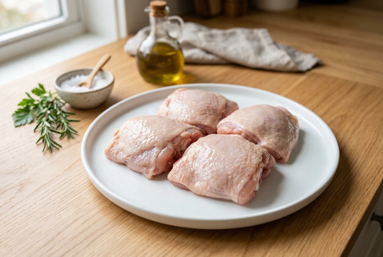 Fresh raw chicken thighs on a white plate on a wooden countertop with herbs and kitchen items in the background.