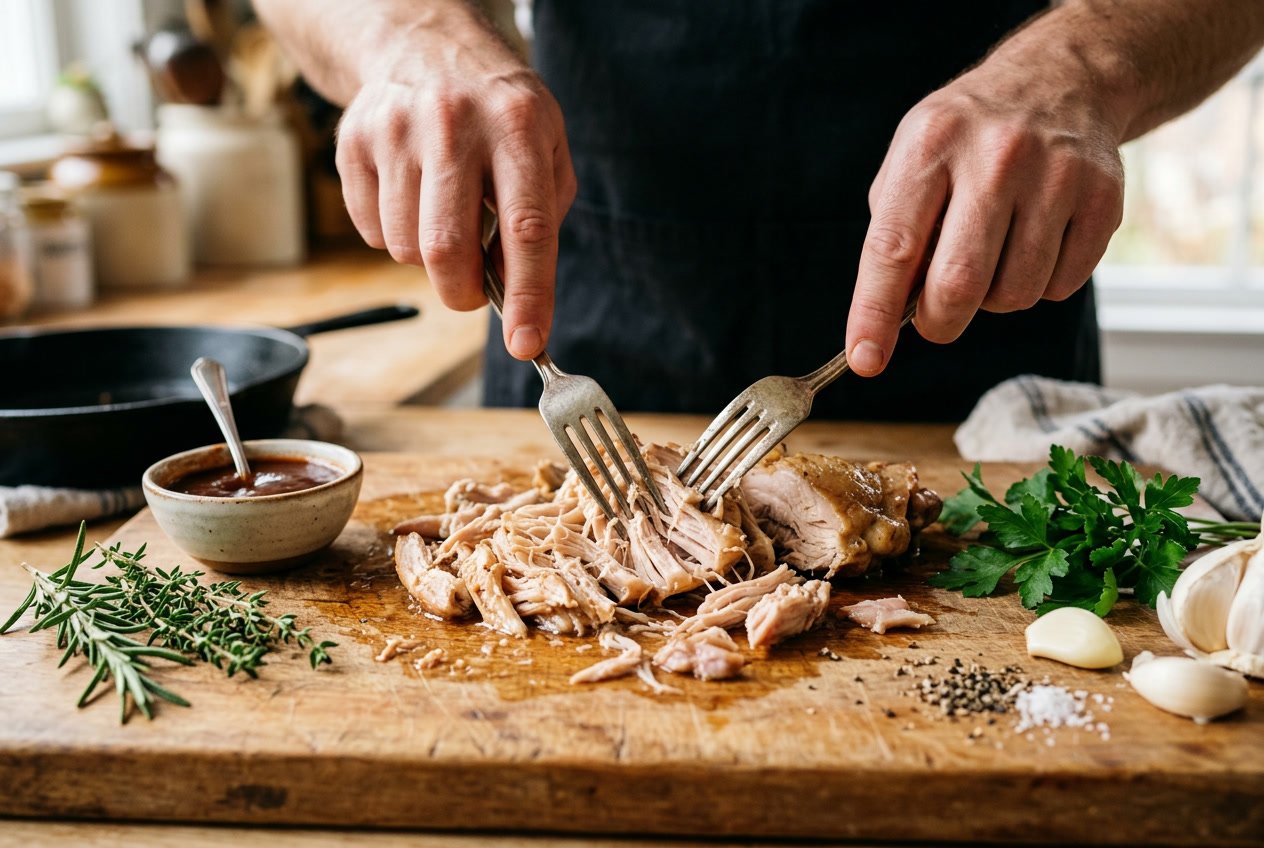 Hands shredding cooked chicken thighs on a wooden cutting board with fresh herbs and garlic nearby.