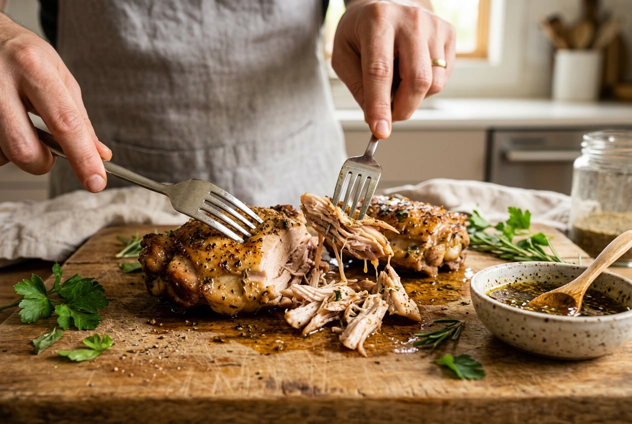 Close-up of cooked chicken thighs being shredded with two forks on a wooden cutting board with fresh herbs nearby.