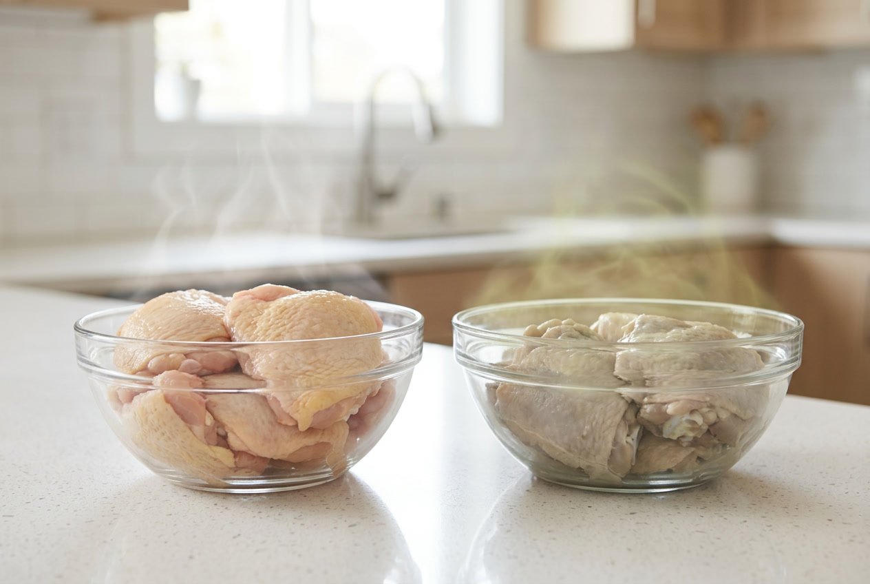 Two clear bowls on a kitchen countertop, one with fresh raw chicken thighs and gentle steam above, the other with discolored chicken thighs and faint greenish mist around them.
