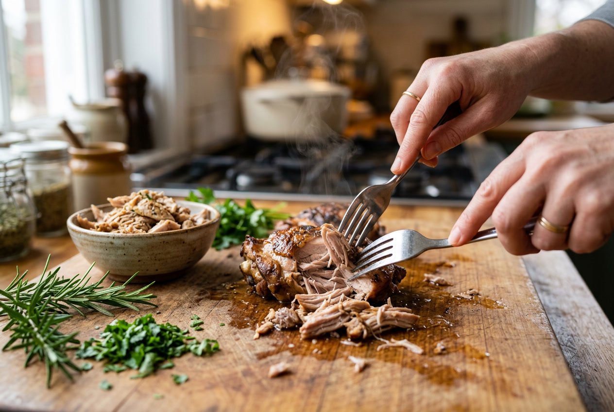 Close-up of cooked chicken thighs being shredded with two forks on a wooden cutting board in a kitchen setting.