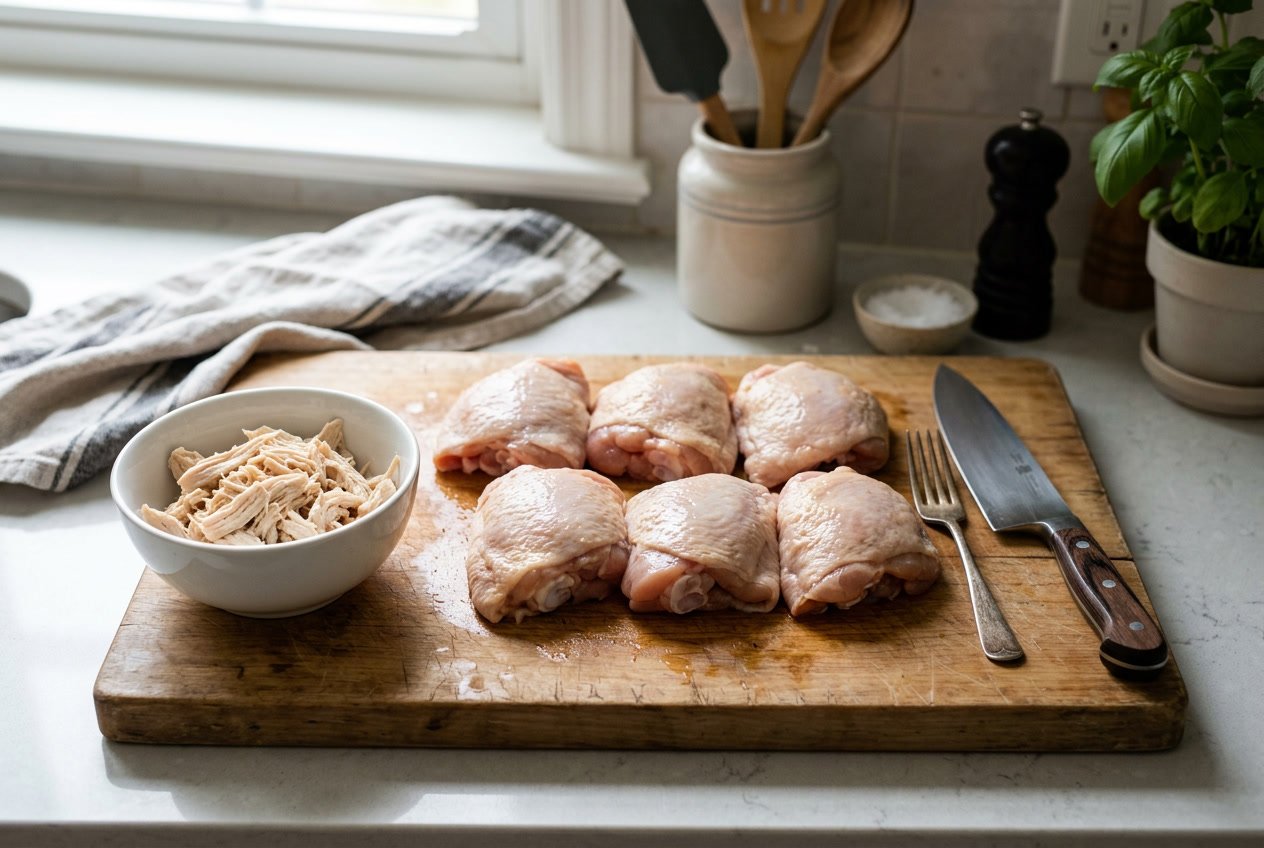 Close-up of raw chicken thighs on a cutting board with kitchen utensils and a bowl of shredded chicken nearby.
