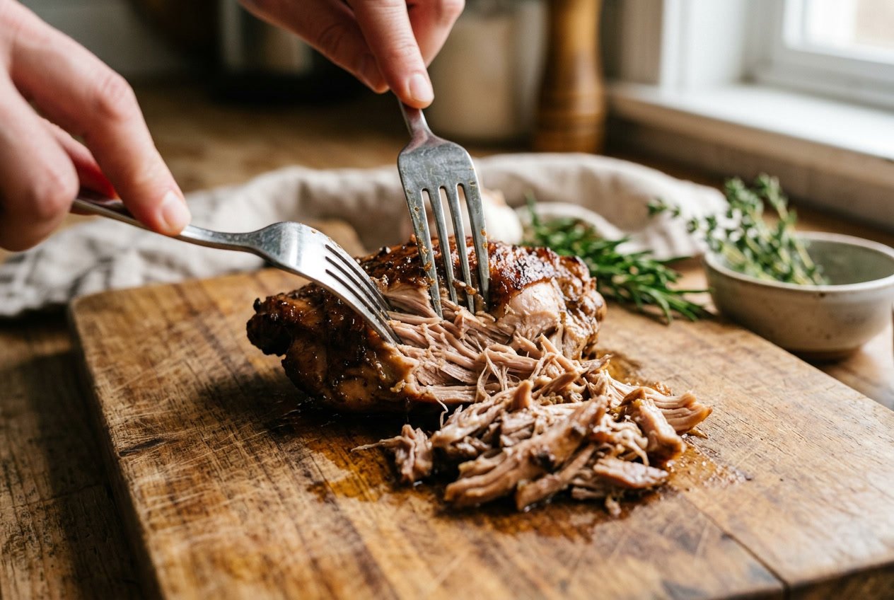 Close-up of a cooked chicken thigh being shredded with two forks on a wooden cutting board.