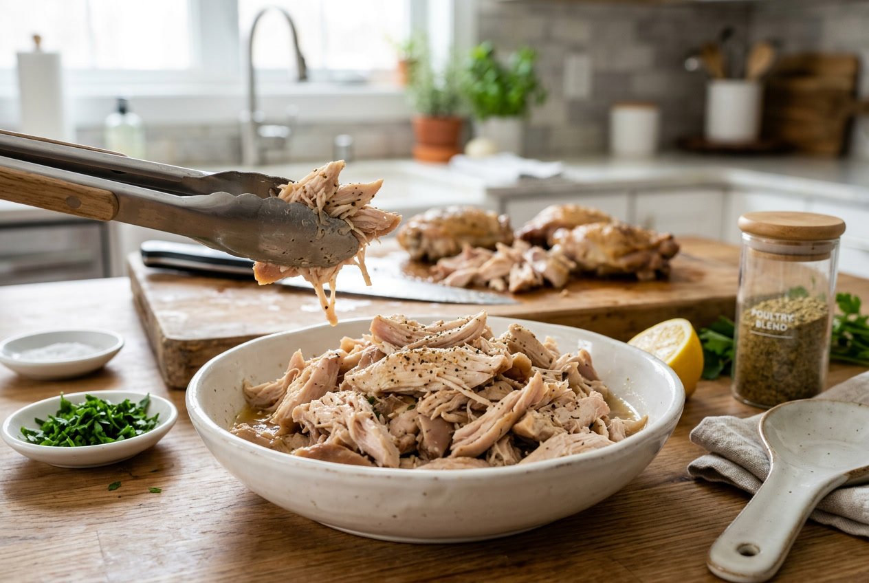Close-up of shredded chicken thighs in a bowl on a kitchen counter surrounded by cooking ingredients and tools.