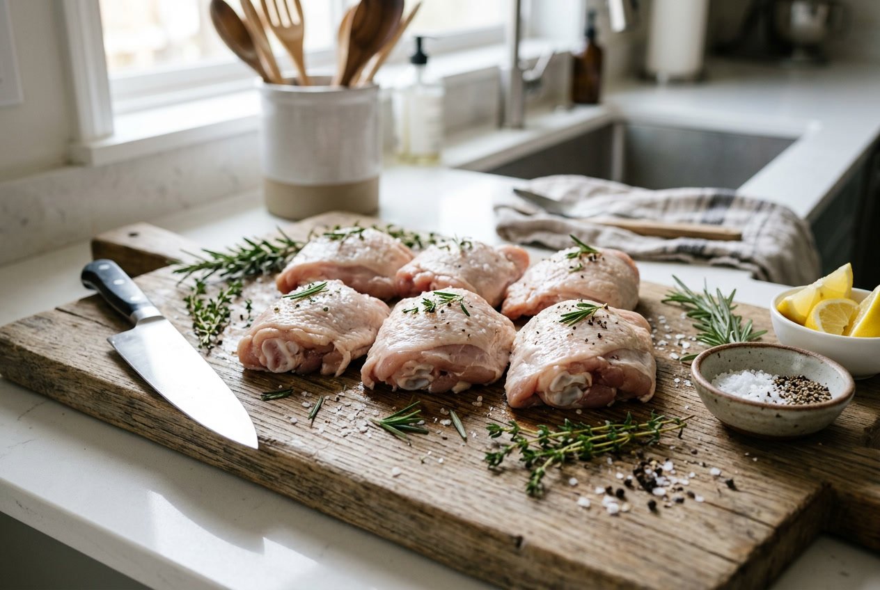 Raw chicken thighs on a wooden cutting board with herbs, a knife, and seasoning nearby in a kitchen setting.