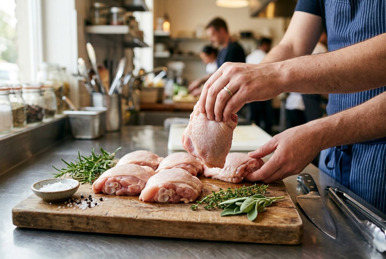 Hands selecting fresh raw chicken thighs on a cutting board with herbs and kitchen utensils nearby.