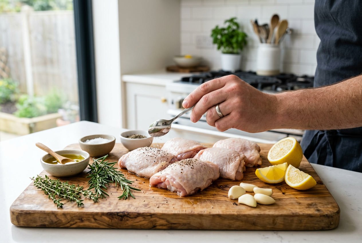 Raw chicken thighs on a wooden cutting board being seasoned with salt and pepper, surrounded by fresh herbs, garlic, and lemon wedges.