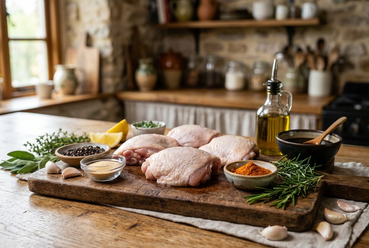 Raw chicken thighs on a wooden board surrounded by bowls of spices, fresh herbs, lemon wedges, and olive oil in a kitchen setting.