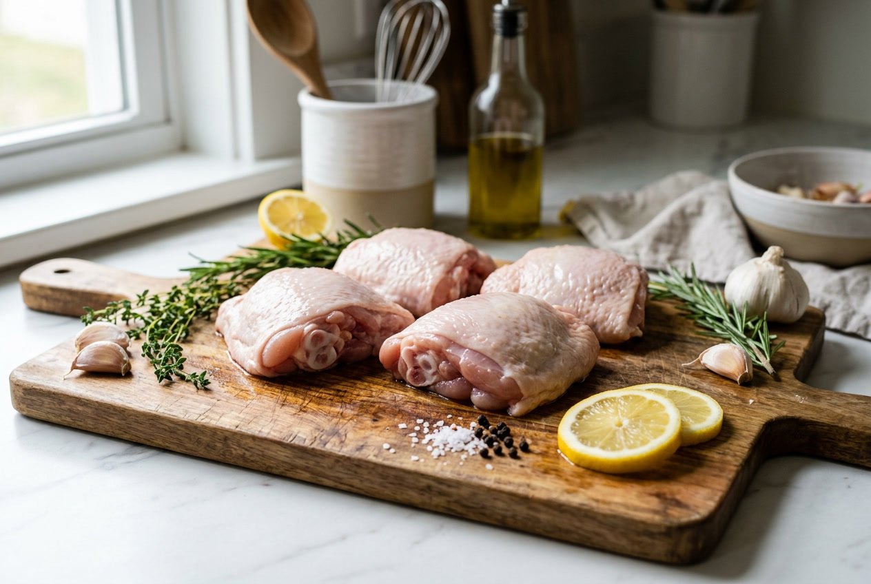 Close-up of fresh raw chicken thighs on a wooden cutting board with herbs, garlic, and lemon slices in a bright kitchen setting.