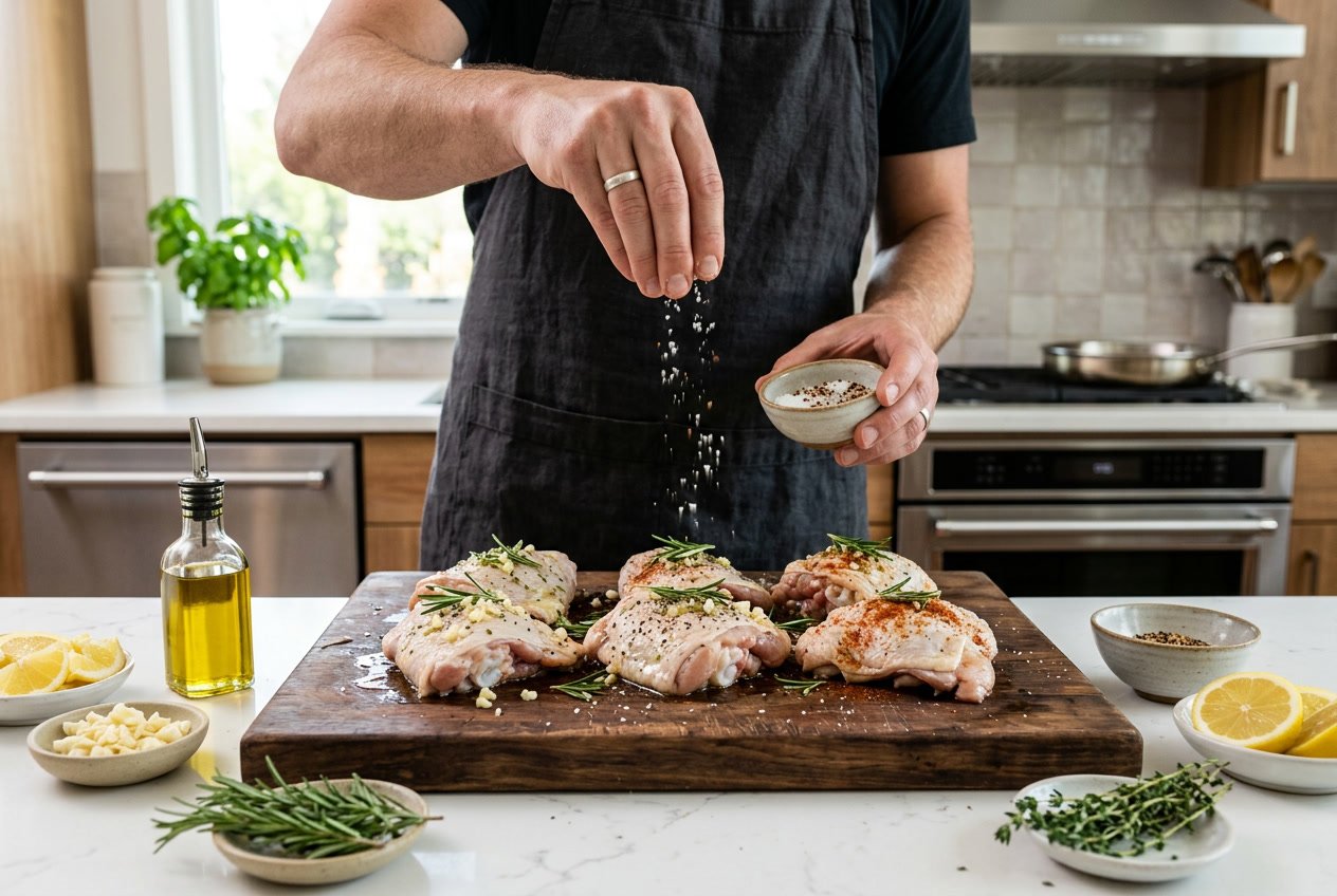 Person seasoning raw chicken thighs on a cutting board with fresh herbs and ingredients in a kitchen.