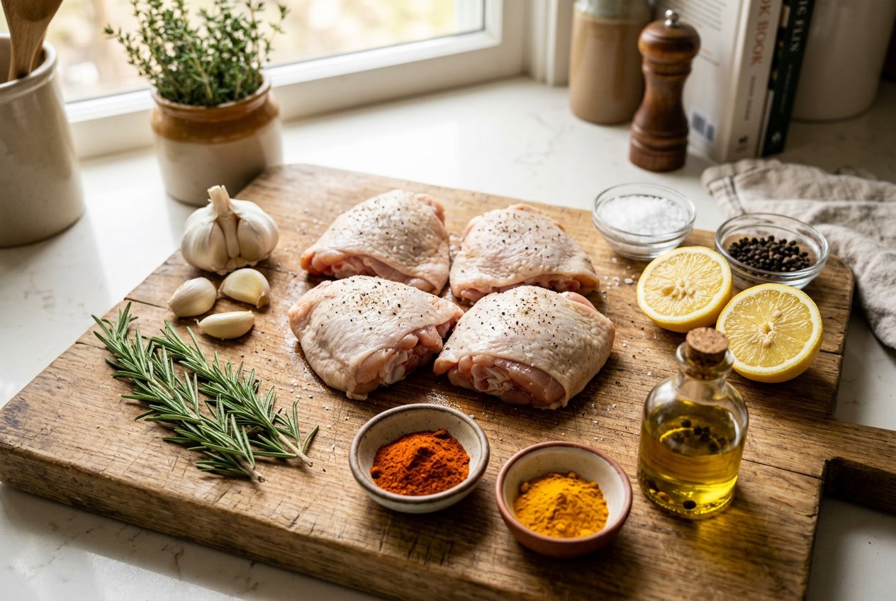 Raw chicken thighs on a cutting board surrounded by garlic, rosemary, lemon, peppercorns, salt, olive oil, and spices on a kitchen countertop.