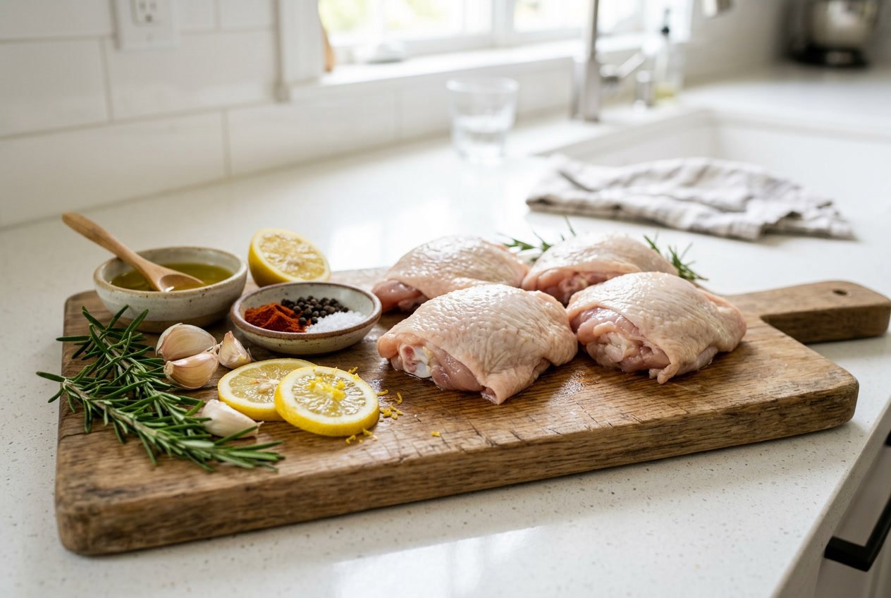 Raw chicken thighs on a wooden cutting board surrounded by fresh herbs, garlic, lemon slices, and spices on a kitchen countertop.