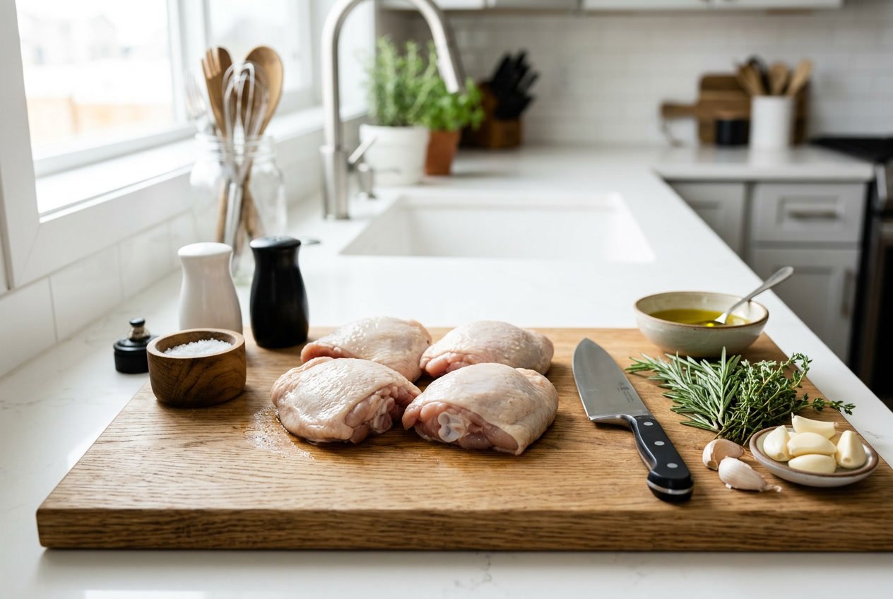 Raw chicken thighs on a cutting board surrounded by herbs, garlic, olive oil, salt, pepper, and a knife on a kitchen counter.